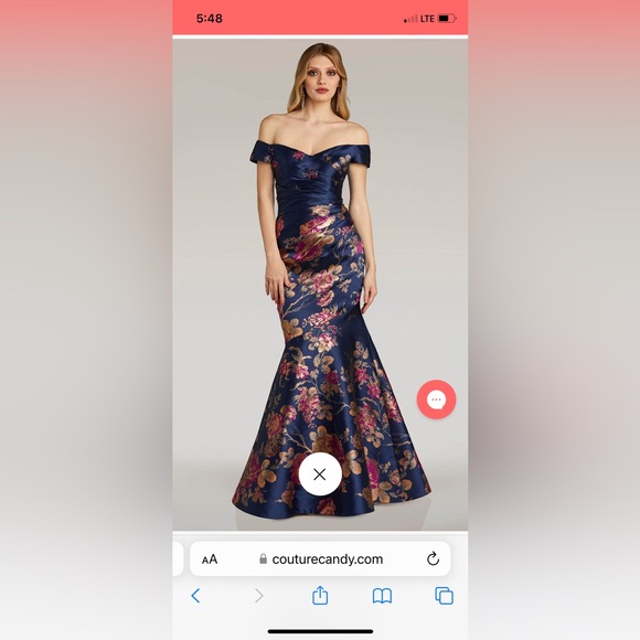 Navy Floral Off-Shoulder Wedding Dress - Picture 3 of 4